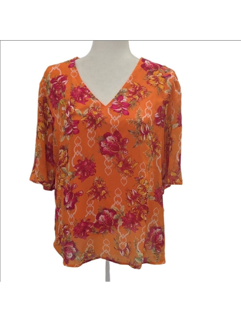 JM Collection Floral V-Neck Blouse - Orange and Pink